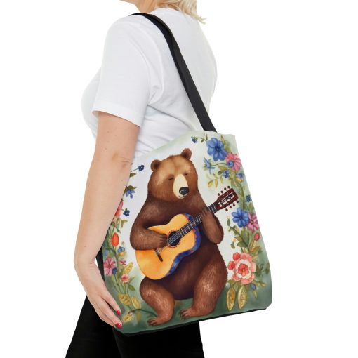 Bear Playing Guitar Rustic Folk Art Tote Bag – Cute Cottagecore Totebag Makes the Perfect Gift