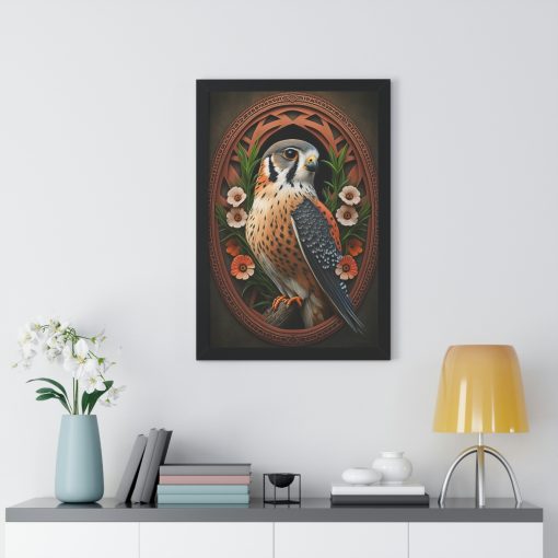 American Kestrel Framed Vertical Poster – Art Nouveau Vintage Falcon art