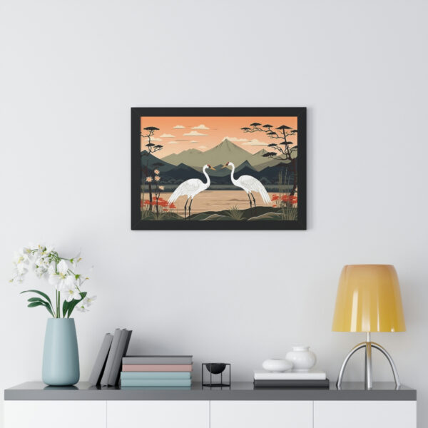 Japandi Ukiyo-e syle Whooping Cranes | Framed Horizontal Poster