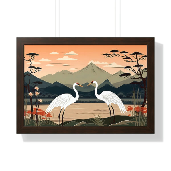 Japandi Ukiyo-e syle Whooping Cranes | Framed Horizontal Poster