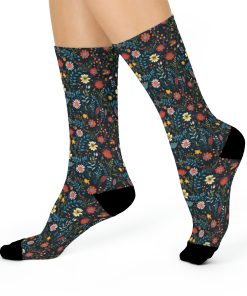 BOHO Pressed Wildflower Design Cushioned Crew Socks