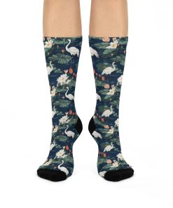 Japandi Style Whooping Cranes with Lotus Flowers Design Cushioned Crew Socks