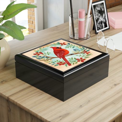 Rustic Folk Art Cardinal Design Wooden Keepsake Jewelry Box