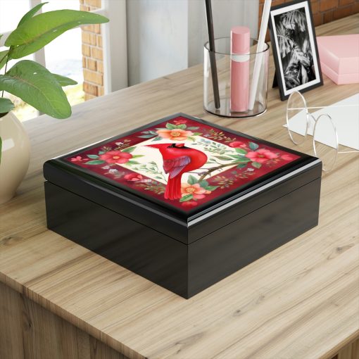 Rustic Folk Art Male Cardinal Design Wooden Keepsake Jewelry Box