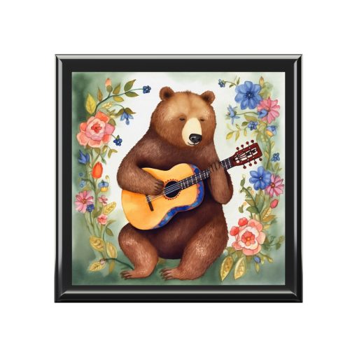 Rustic Folk Art Bear Playing Guitar Design Wooden Keepsake Jewelry Box