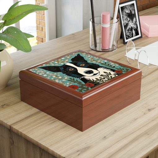 Rustic Folk Art Border Collie Design Wooden Keepsake Jewelry Box