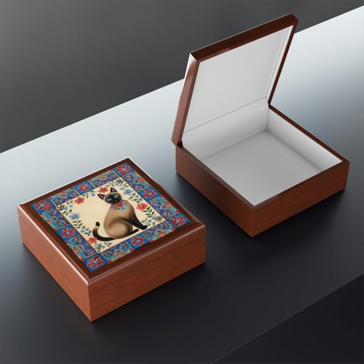 Rustic Folk Art Siamese Cat with Border Design Wooden Keepsake Jewelry Box