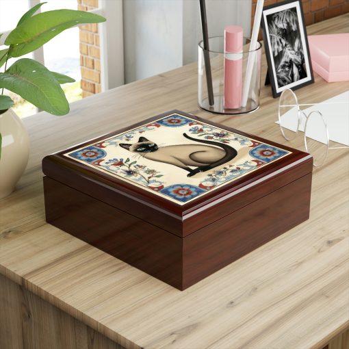 Rustic Folk Art Siamese Cat Design Wooden Keepsake Jewelry Box