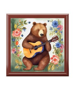 Rustic Folk Art Bear Playing Guitar Design Wooden Keepsake Jewelry Box