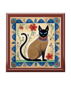Rustic Folk Art Siamese Cat with Floral Border Design Wooden Keepsake Jewelry Box