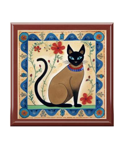 72882 3 400x480 - Rustic Folk Art Siamese Cat with Floral Border Design Wooden Keepsake Jewelry Box