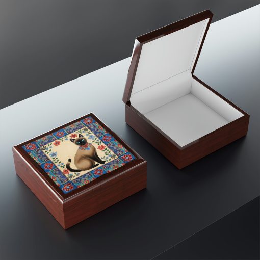 Rustic Folk Art Siamese Cat with Border Design Wooden Keepsake Jewelry Box
