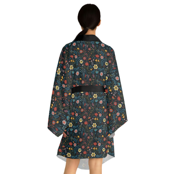 Pressed Wildflowers on Black Background Pattern Long Sleeve Kimono Robe