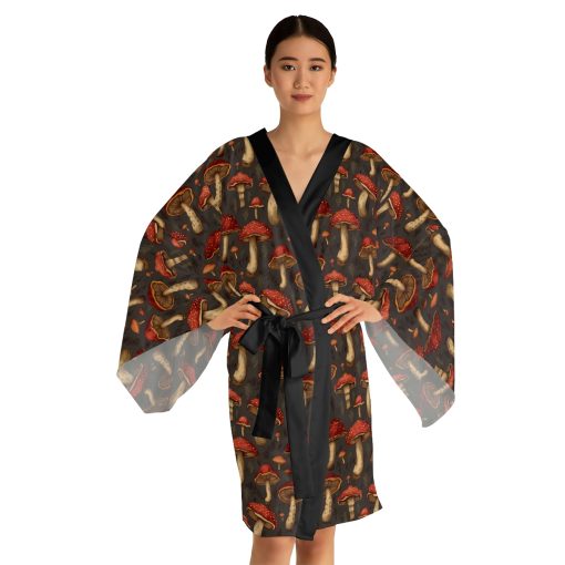 New! Magic Mushroom Long Sleeve Kimono Robe – Amanita Muscaria – Perfect Gift for the Botanical Cottagecore Aesthetic Nature Lover