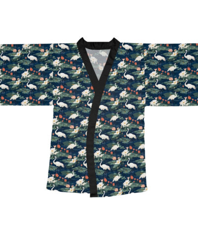 Japandi Whooping Crane Pattern Long Sleeve Kimono Robe