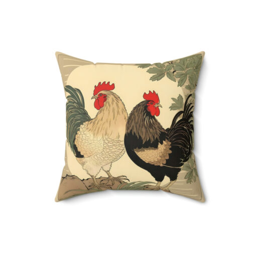 Two Japandi Style Roosters Spun Polyester Square Pillow