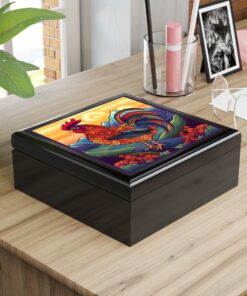 Meso-American Style Rooster at Sunrise – Jewelry Keepsake Box
