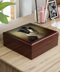 Victorian Vintage Border Collie with Tophat Jewelry Keepsake Box