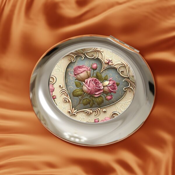 Vintage Victorian Pink Roses Heart Compact Travel Mirror