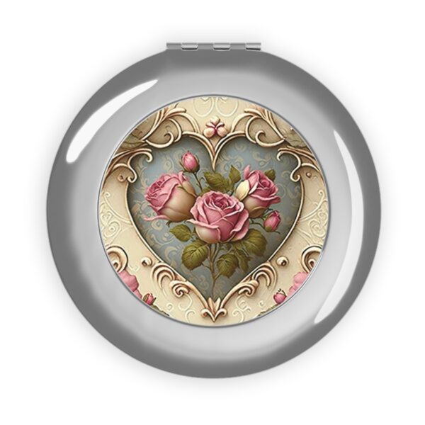 Vintage Victorian Pink Roses Heart Compact Travel Mirror