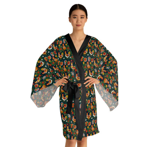 BOHO Scandinavian Chicken Rooster Folk Art Pattern Long Sleeve Kimono Robe