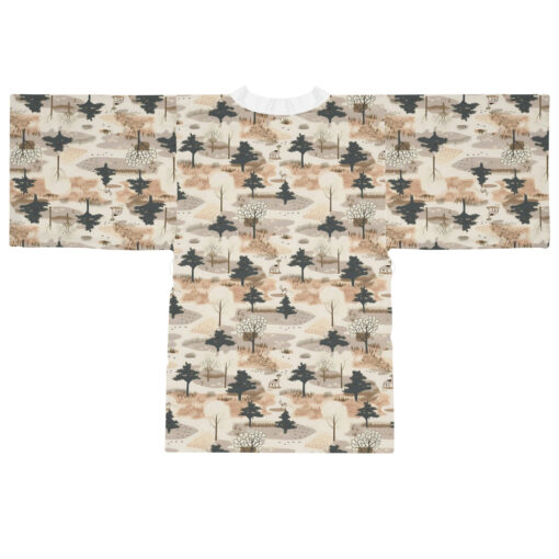 BOHO Japandi Style Woodland Scene Pattern Long Sleeve Kimono Robe