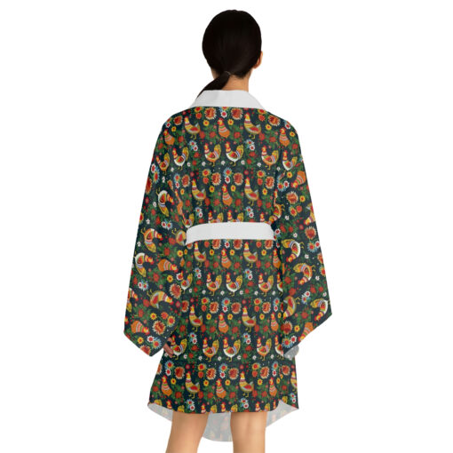BOHO Scandinavian Chicken Rooster Folk Art Pattern Long Sleeve Kimono Robe