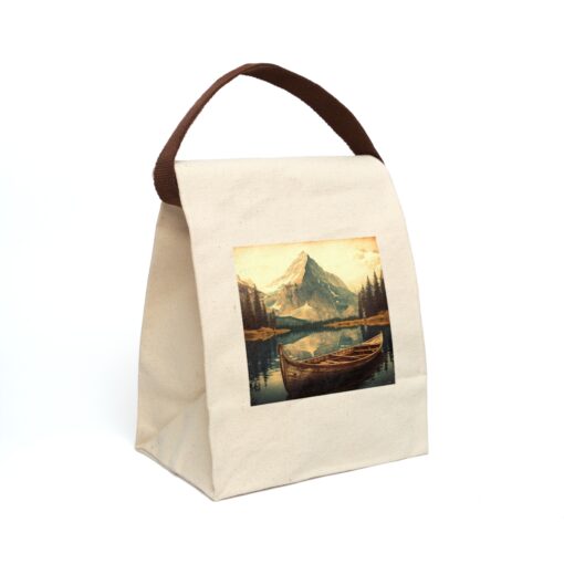 Vintage Naturalist Illustration of a Mountain and Canoe Scene Canvas Lunch Bag With Strap