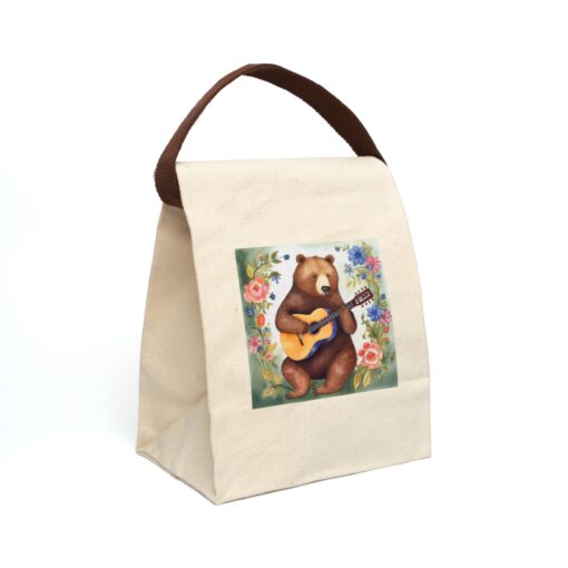 Folk Art Bear Playing Guitar Canvas Lunch Bag With Strap