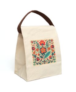 Scandanavian Folk Art Floral Design Canvas Lunch Bag With Strap