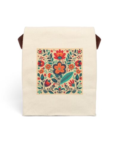 Scandanavian Folk Art Floral Design Canvas Lunch Bag With Strap