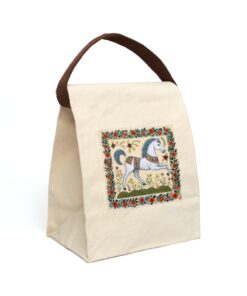 Folk Art White Horse Canvas Lunch Bag With Strap