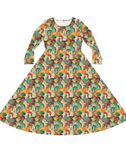 BOHO Scandinavian Chicken Rooster Folk Art Pattern Women’s Long Sleeve Dance Dress – Gift for the Botanical Cottagecore Nature Lover