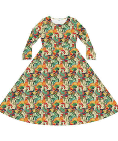 95198 106 400x480 - BOHO Scandinavian Chicken Rooster Folk Art Pattern Women's Long Sleeve Dance Dress - Gift for the Botanical Cottagecore Nature Lover