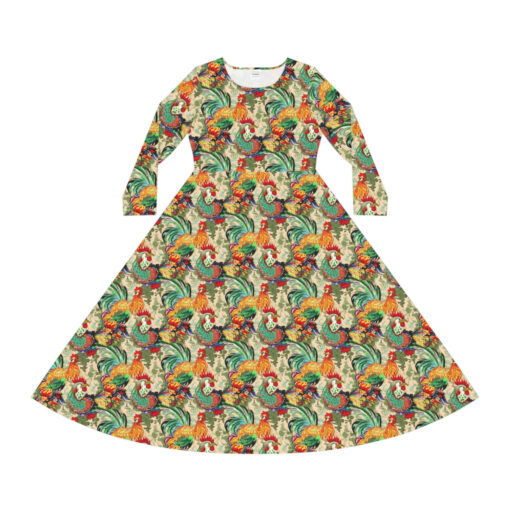 BOHO Scandinavian Chicken Rooster Folk Art Pattern Women’s Long Sleeve Dance Dress – Gift for the Botanical Cottagecore Nature Lover