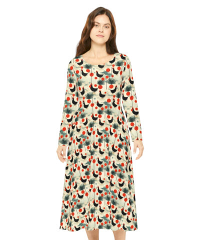 95198 112 400x480 - Mid-Century Modern Chicken Rooster Pattern Women's Long Sleeve Dance Dress - Gift for the Botanical Cottagecore Aesthetic Nature Lover