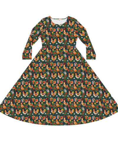 95198 57 400x480 - BOHO Scandinavian Chicken Rooster Folk Art Pattern Women's Long Sleeve Dance Dress - Perfect Gift for the Botanical Nature Lover
