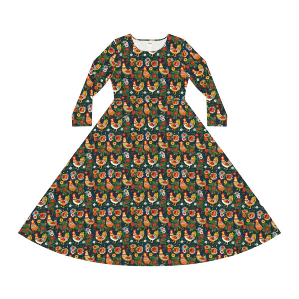 BOHO Scandinavian Chicken Rooster Folk Art Pattern Women’s Long Sleeve Dance Dress – Perfect Gift for the Botanical Nature Lover