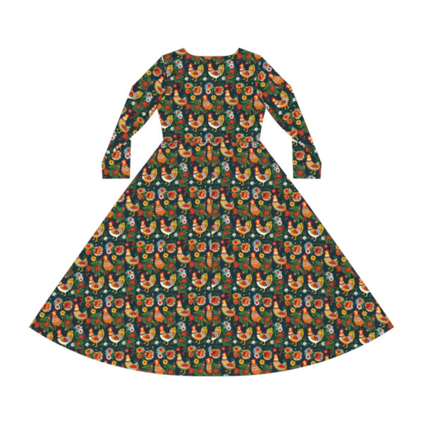 BOHO Scandinavian Chicken Rooster Folk Art Pattern Women’s Long Sleeve Dance Dress – Perfect Gift for the Botanical Nature Lover