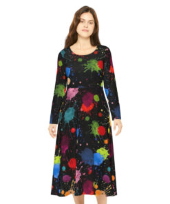 Acrylic Paint Splatter Art Pattern Women’s Long Sleeve Dance Dress – Gift for the Botanical Cottagecore Aesthetic Nature Lover
