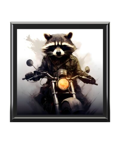 Eddie the Raccoon on His New Motorcycle Fine Art Print Jewelry Keepsake Trinkets Box