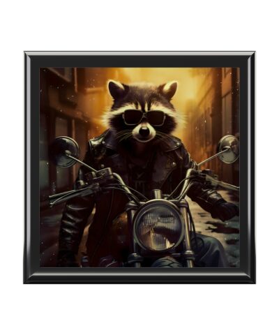 Rascal Raccoon on a Motorcycle Fine Art Print Jewelry Keepsake Trinkets Box