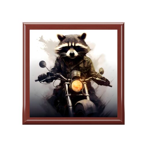 Eddie the Raccoon on His New Motorcycle Fine Art Print Jewelry Keepsake Trinkets Box