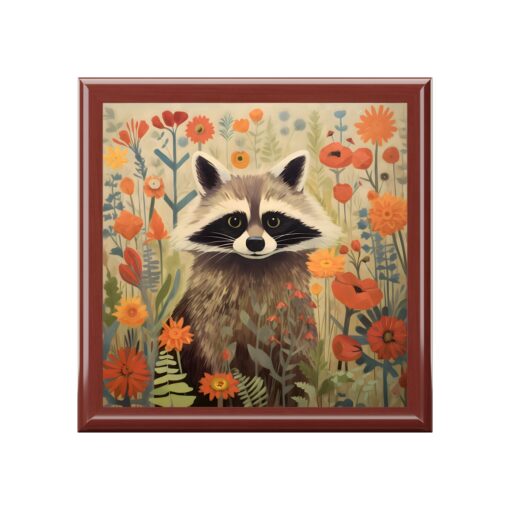 Mid-Century Modern Raccoon in a Garden Fine Art Print Jewelry Keepsake Trinkets Box