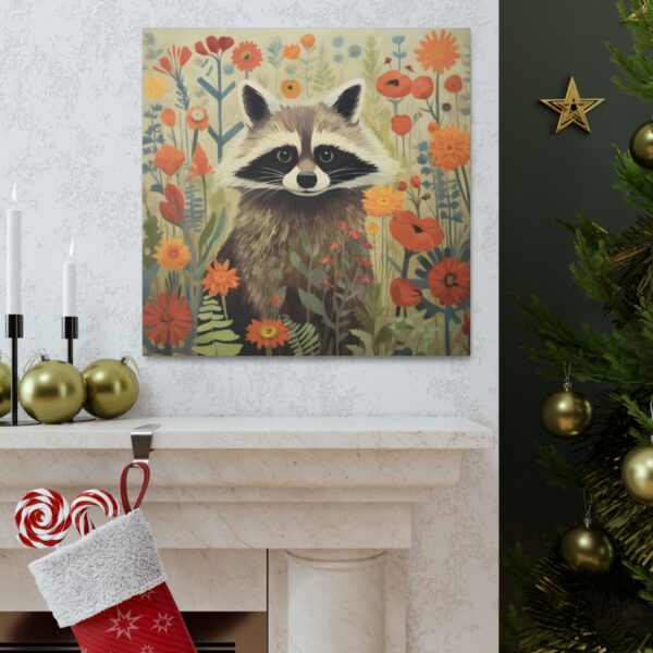 Mid-Century Modern Raccoon in a Garden Canvas Wall Art – This Art Print Makes the Perfect Gift for any Nature Lover. Uplifting Decor.