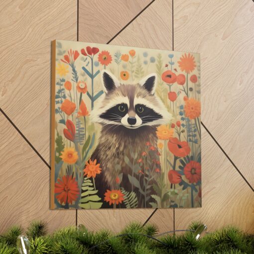 Mid-Century Modern Raccoon in a Garden Canvas Wall Art – This Art Print Makes the Perfect Gift for any Nature Lover. Uplifting Decor.
