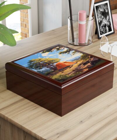 Camping in Maine Wood Keepsake Jewelry Box with Ceramic Tile Cover