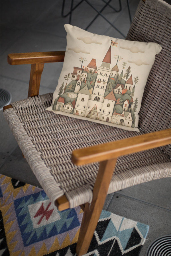 Medieval Folk Art Village Square Pillow