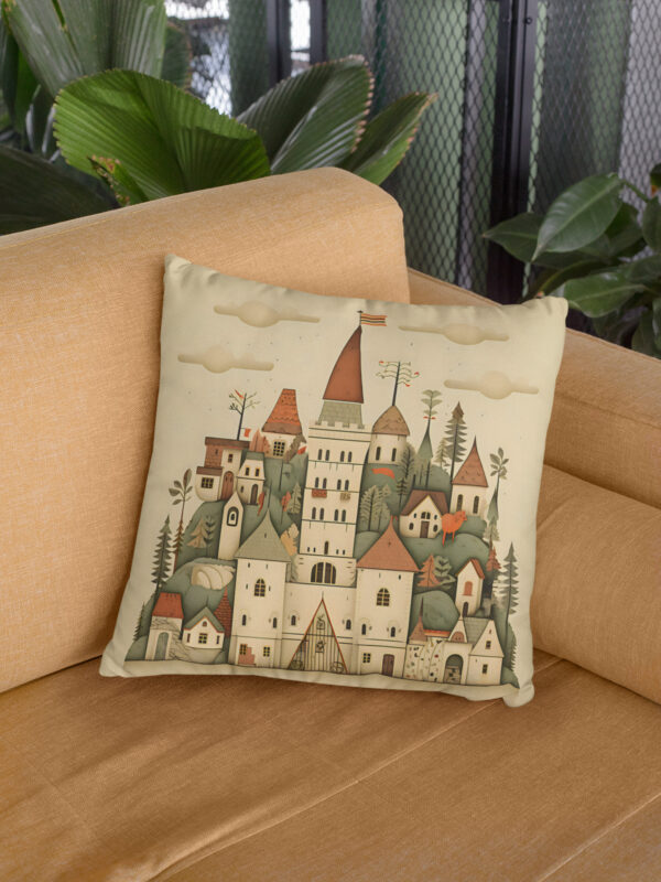 Medieval Folk Art Village Square Pillow