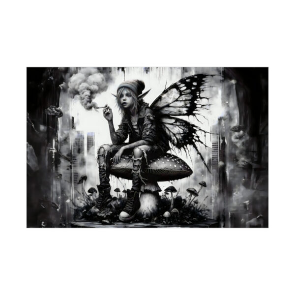 Toadstool Contemplation – Grunge Fairy & Mushroom Art Print on Matte Horizontal Poster